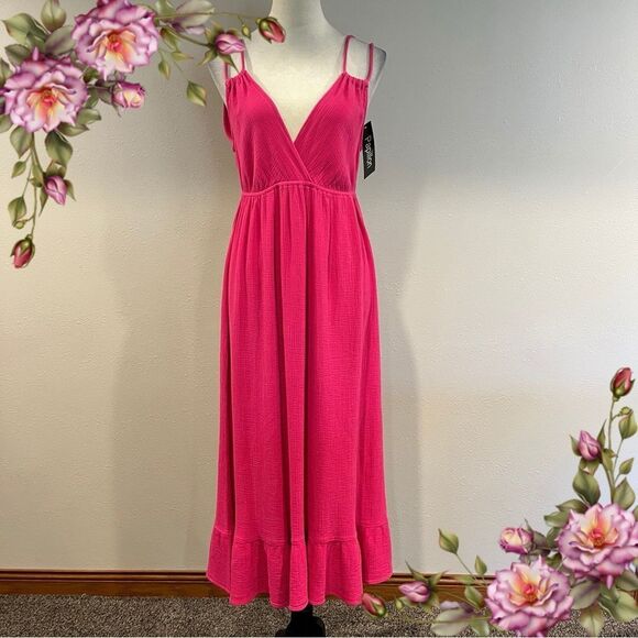 Papillon v-neck Pink midi Dress with straps - Picture 1 of 14